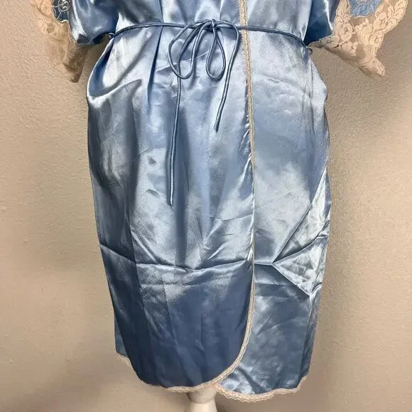 Vintage Wendy Ann Blue Satin Lace Trim Robe Kimono Wrap Dress Loungewear Large - Picture 3 of 8